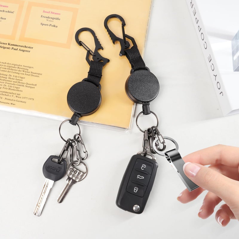 DELSWIN Retractable Keychain Heavy Duty - Retractable Key Holder Key Ring with Carabiner, ID Badge Clip Reel with Steel Cord, Clasps for Janitor Office Work, Bearing 8.0 oz (Pack of 2) - Image 3